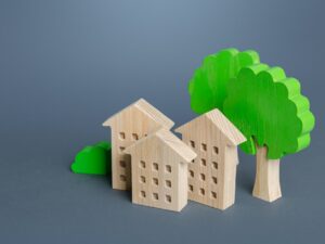 Residential buildings among the trees. Environmentally friendly, energy efficiency