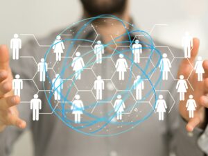 Digital illustration of the network and data concept in the hands in 3D