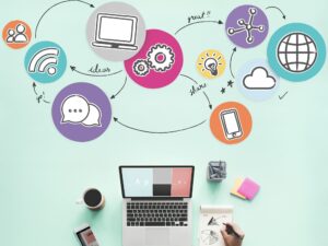 Aerial view of woman working on social media